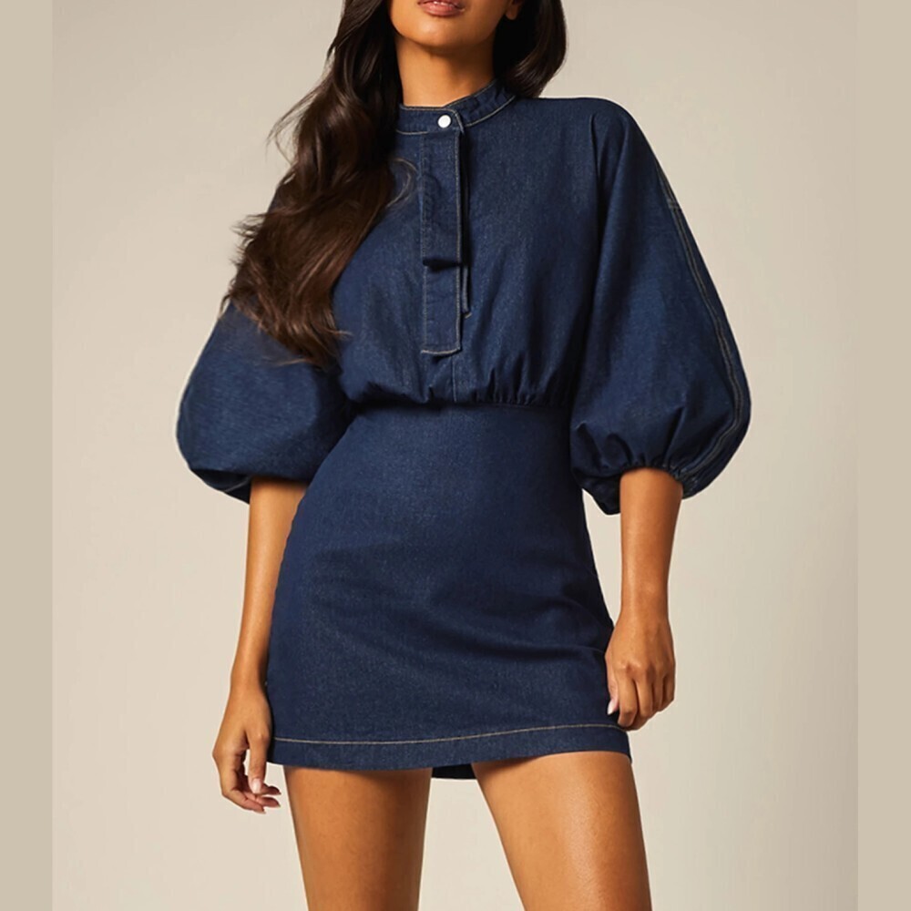 Dark Wash Denim Balloon Sleeve Mini Dress with Stand Collar